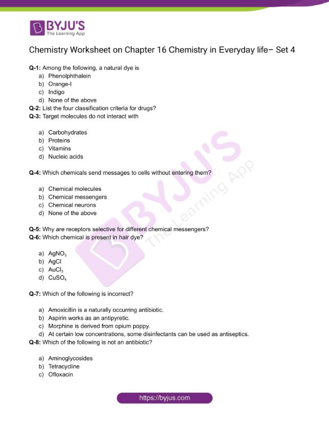 Class 12 Chemistry Worksheet on Chapter 16 Chemistry in Everyday life ...