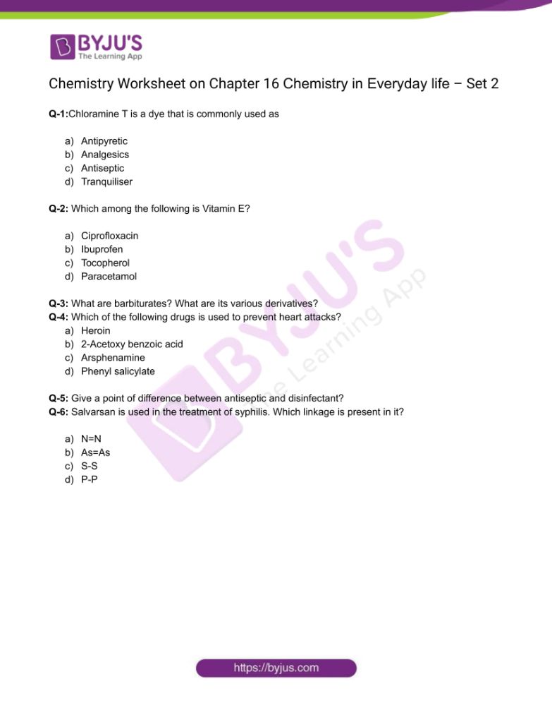 Chemistry Worksheets Class 12 on Chapter 16 Chemistry in Everyday life with Answers - Set 2