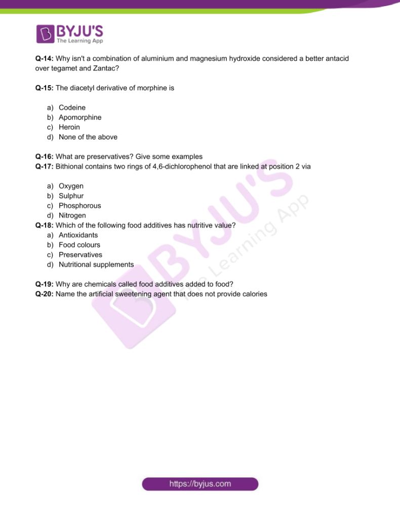 Chemistry Worksheets Class 12 on Chapter 16 Chemistry in Everyday life with Answers - Set 2