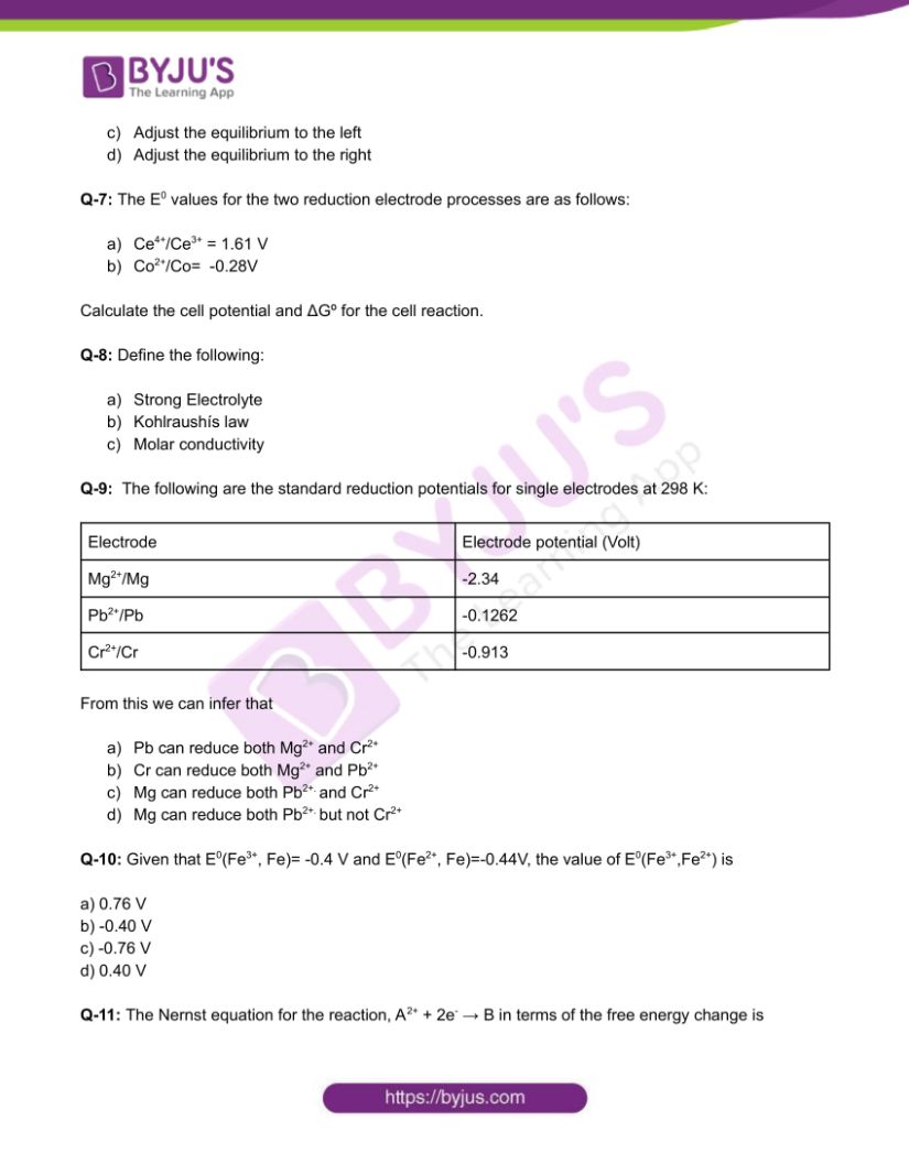 Chemistry Worksheets Class 12 on Chapter 3 Electrochemistry with Answers - Set 1