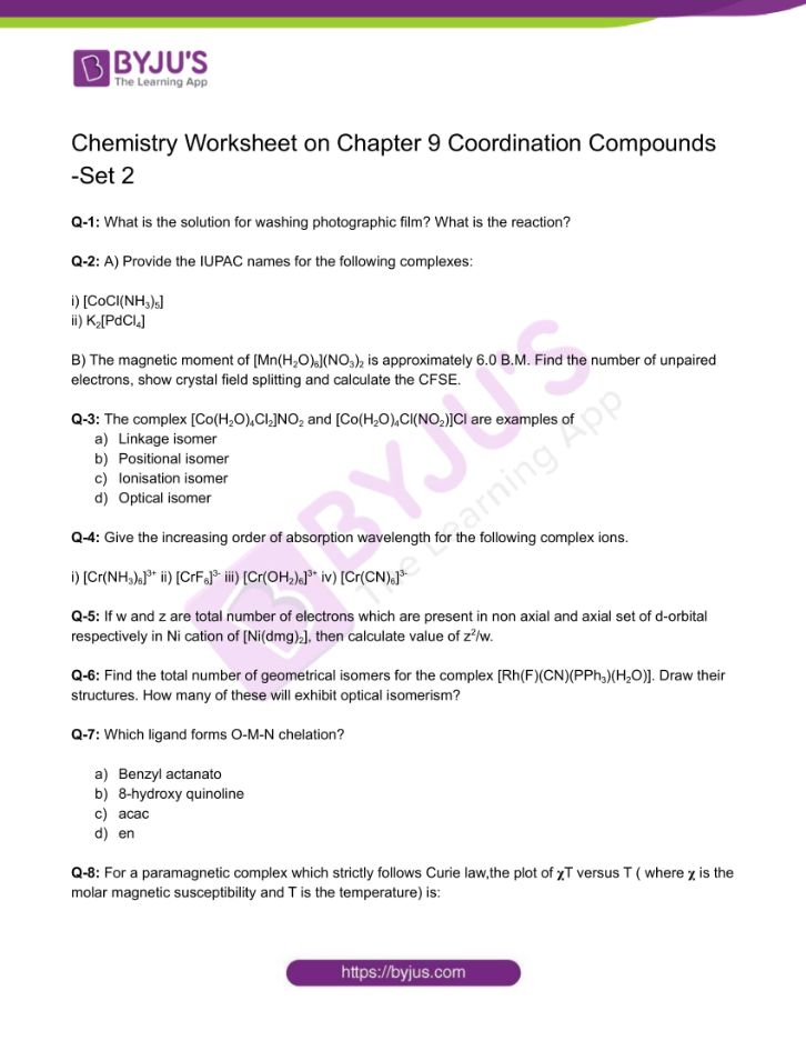 Chemistry Worksheets Class 12 on Chapter 9 Coordination Compounds with Answers - Set 2