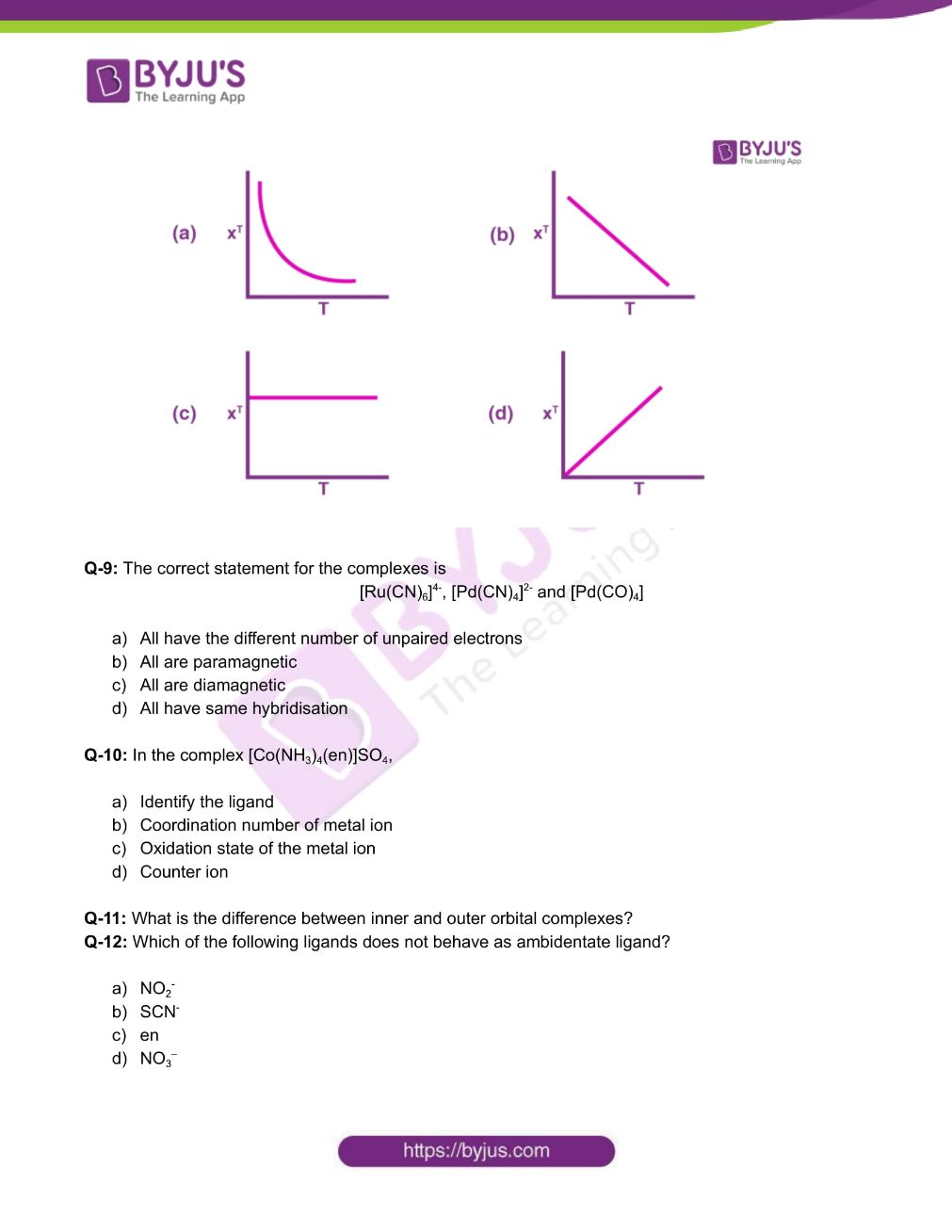 Chemistry Worksheets Class 12 on Chapter 9 Coordination Compounds with Answers - Set 2