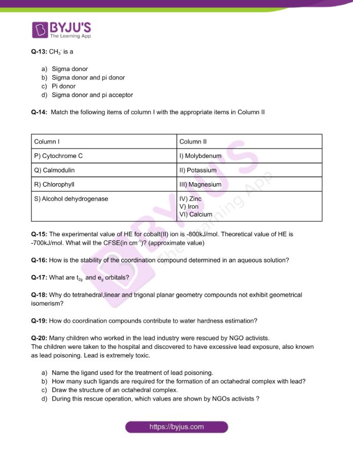 Chemistry Worksheets Class 12 on Chapter 9 Coordination Compounds with Answers - Set 2