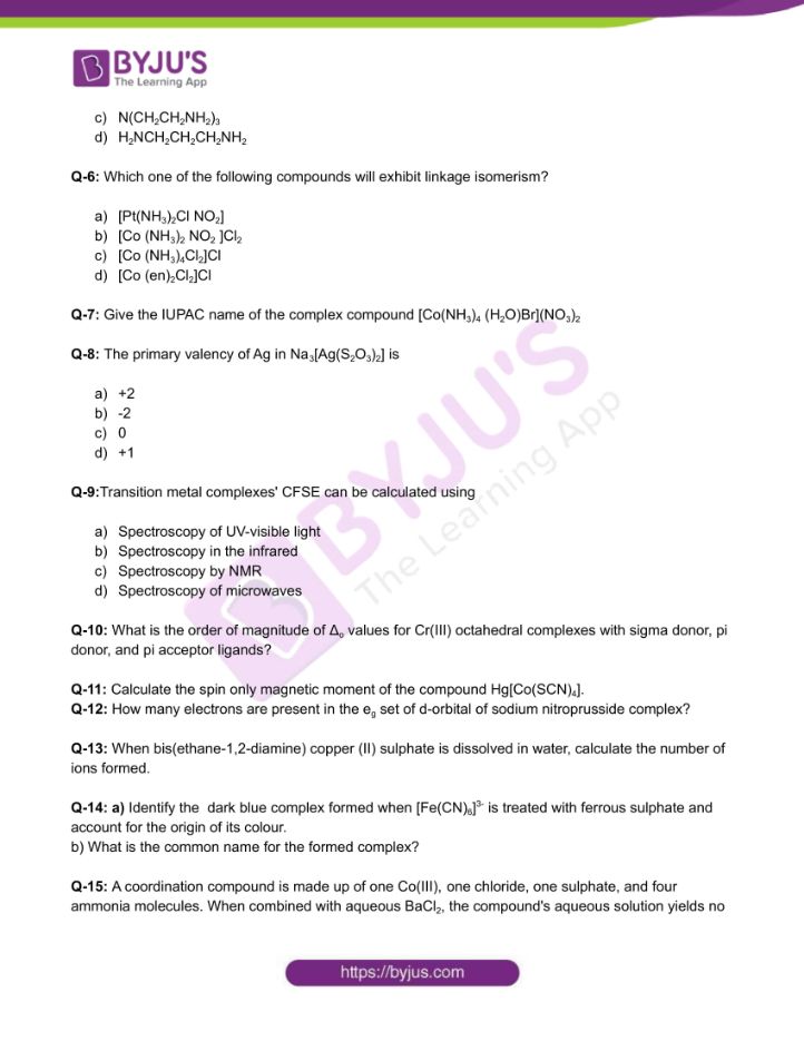 Chemistry Worksheets Class 12 on Chapter 9 Coordination Compounds with Answers - Set 1