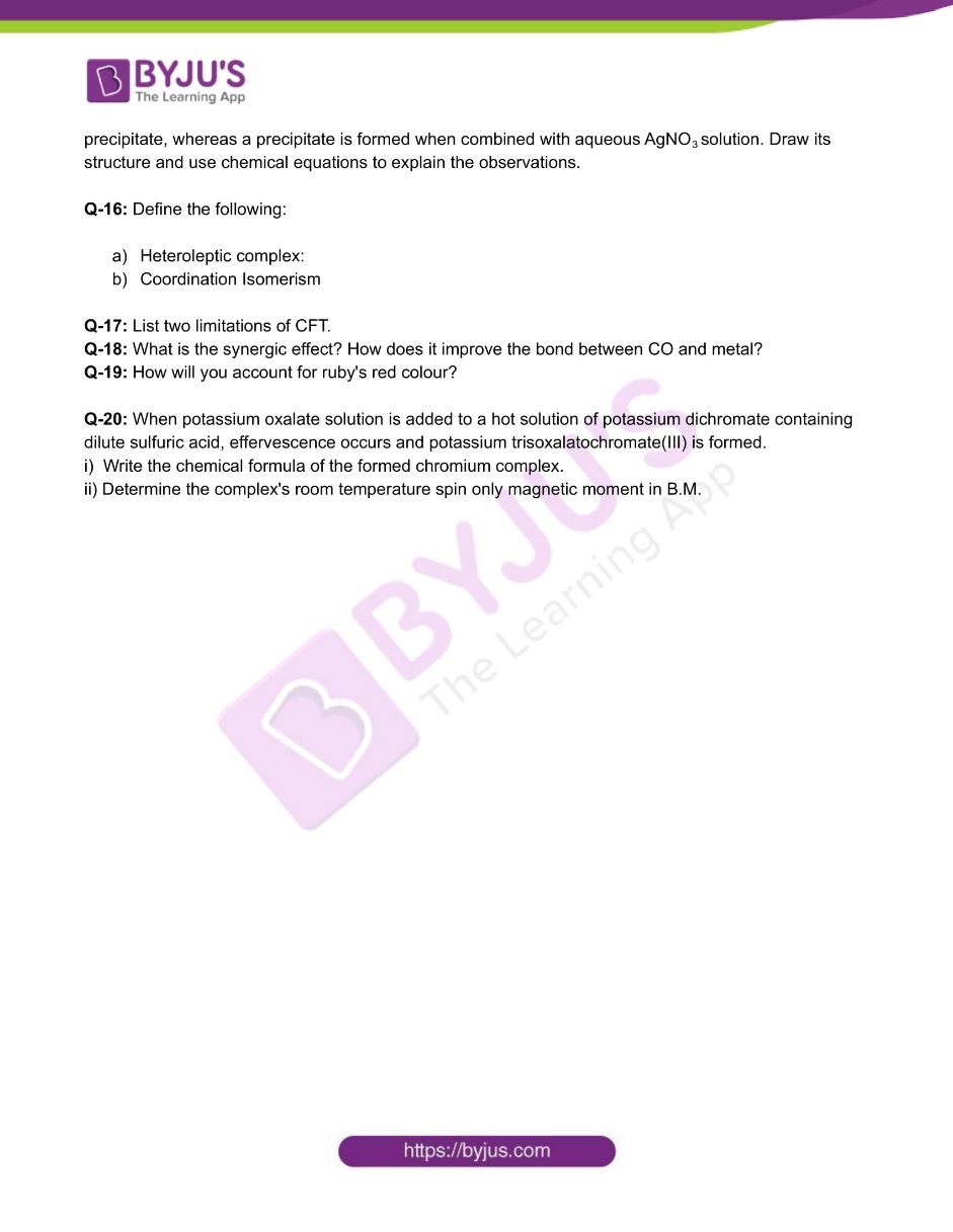 Chemistry Worksheets Class 12 on Chapter 9 Coordination Compounds with Answers - Set 1