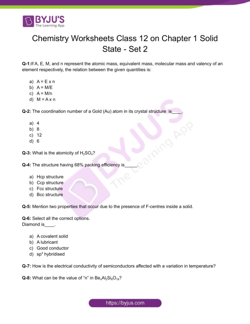 Chemistry Worksheets Class 12 on Chapter 1 Solid State with Answers - Set 2