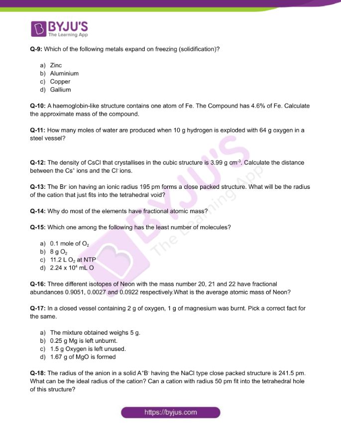 Chemistry Worksheets Class 12 on Chapter 1 Solid State with Answers - Set 2