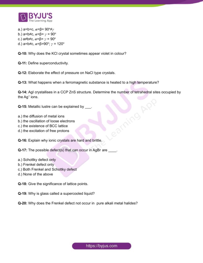 Chemistry Worksheets Class 12 on Chapter 1 Solid State with Answers - Set 5