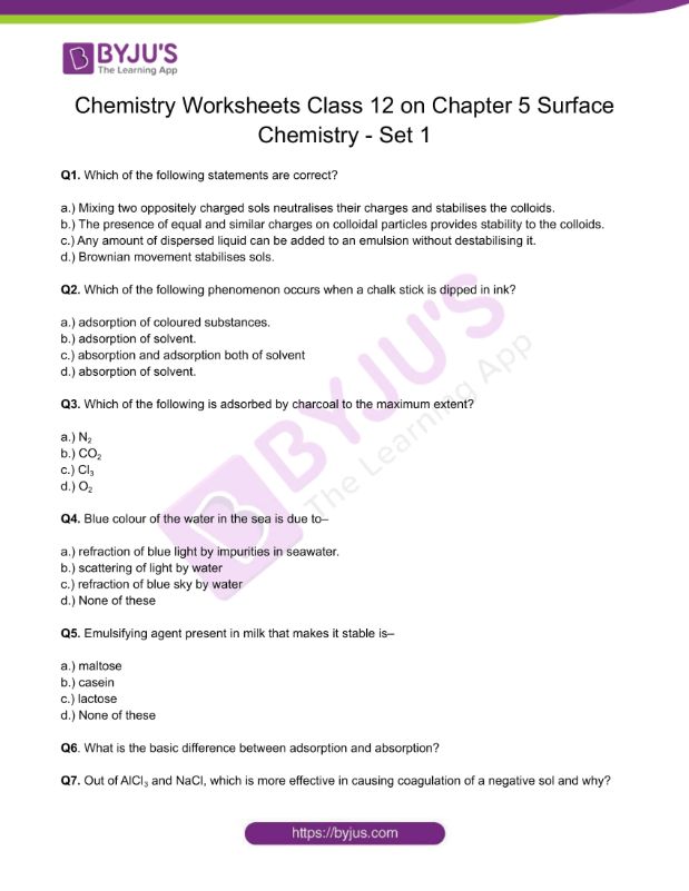 Chemistry Worksheets Class 12 on Chapter 5 Surface Chemistry with Answers - Set 1