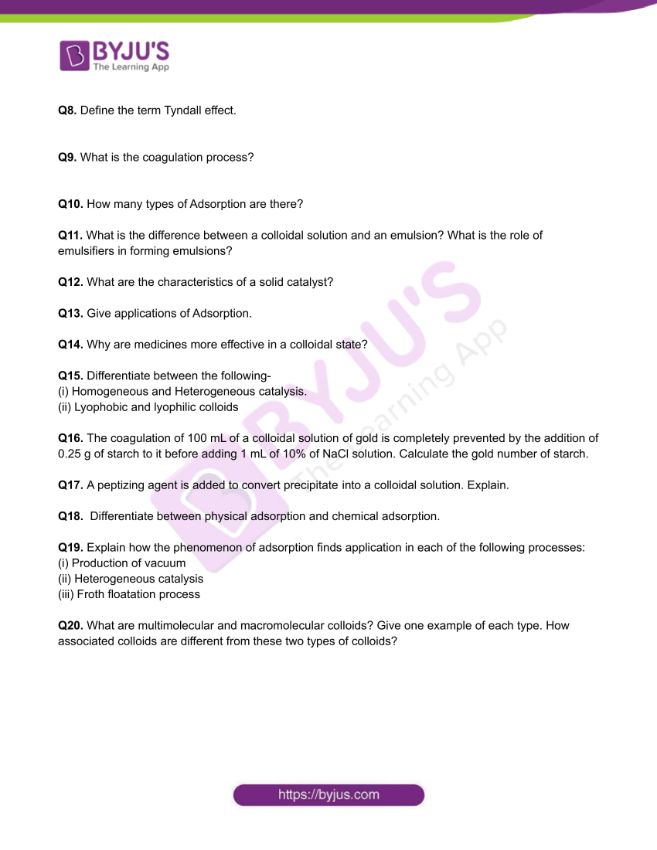 Chemistry Worksheets Class 12 on Chapter 5 Surface Chemistry with Answers - Set 1