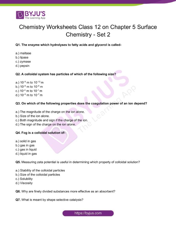 Chemistry Worksheets Class 12 on Chapter 5 Surface Chemistry with Answers - Set 2