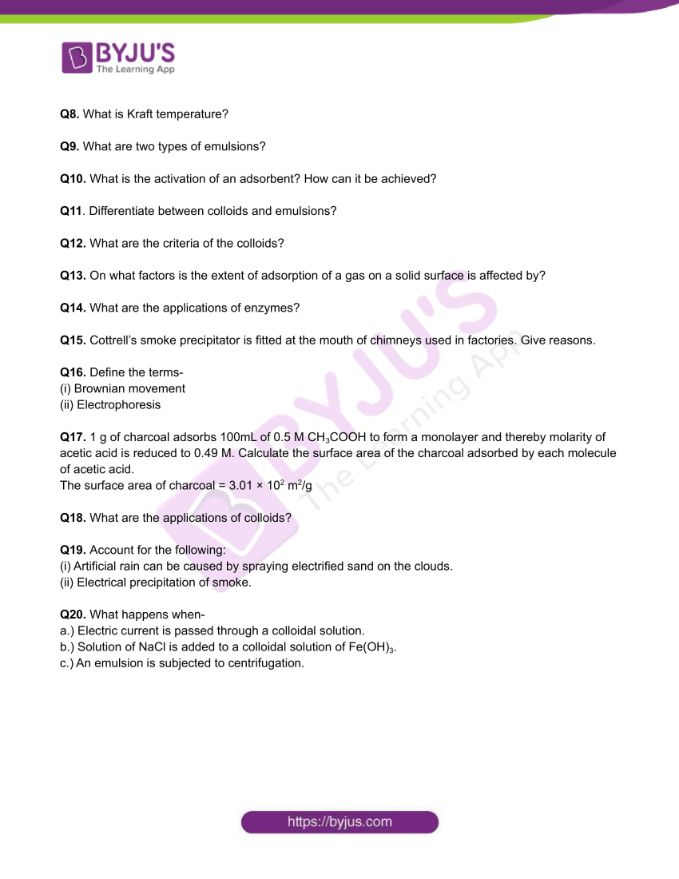 Chemistry Worksheets Class 12 on Chapter 5 Surface Chemistry with Answers - Set 2