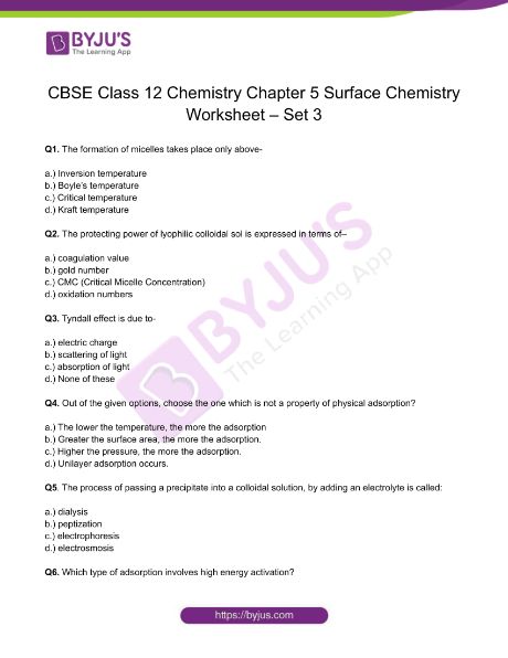 Chemistry Worksheets Class 12 on Chapter 5 Surface Chemistry with Answers - Set 3