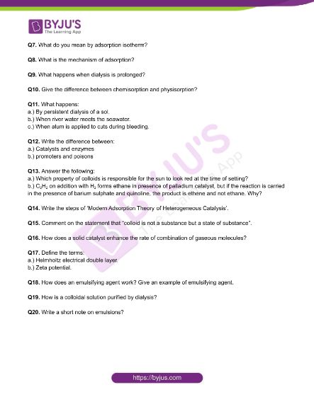 Chemistry Worksheets Class 12 on Chapter 5 Surface Chemistry with Answers - Set 3