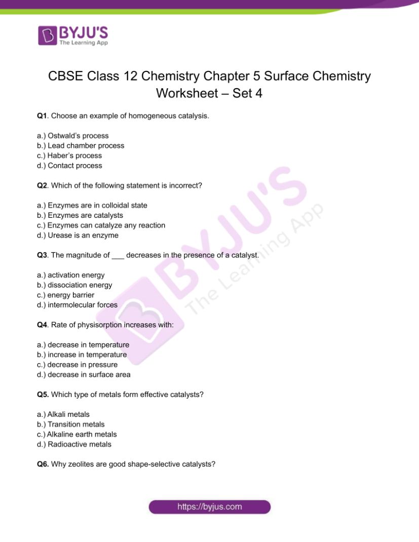 Chemistry Worksheets Class 12 on Chapter 5 Surface Chemistry with Answers - Set 4