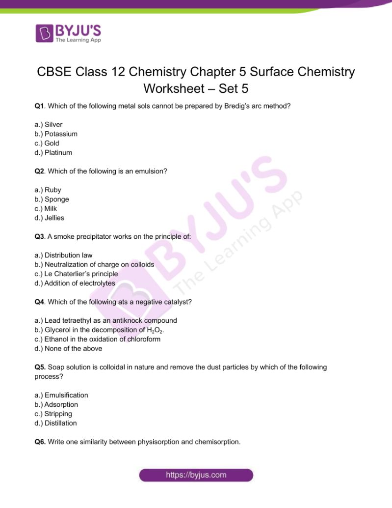 Chemistry Worksheets Class 12 on Chapter 5 Surface Chemistry with Answers - Set 5