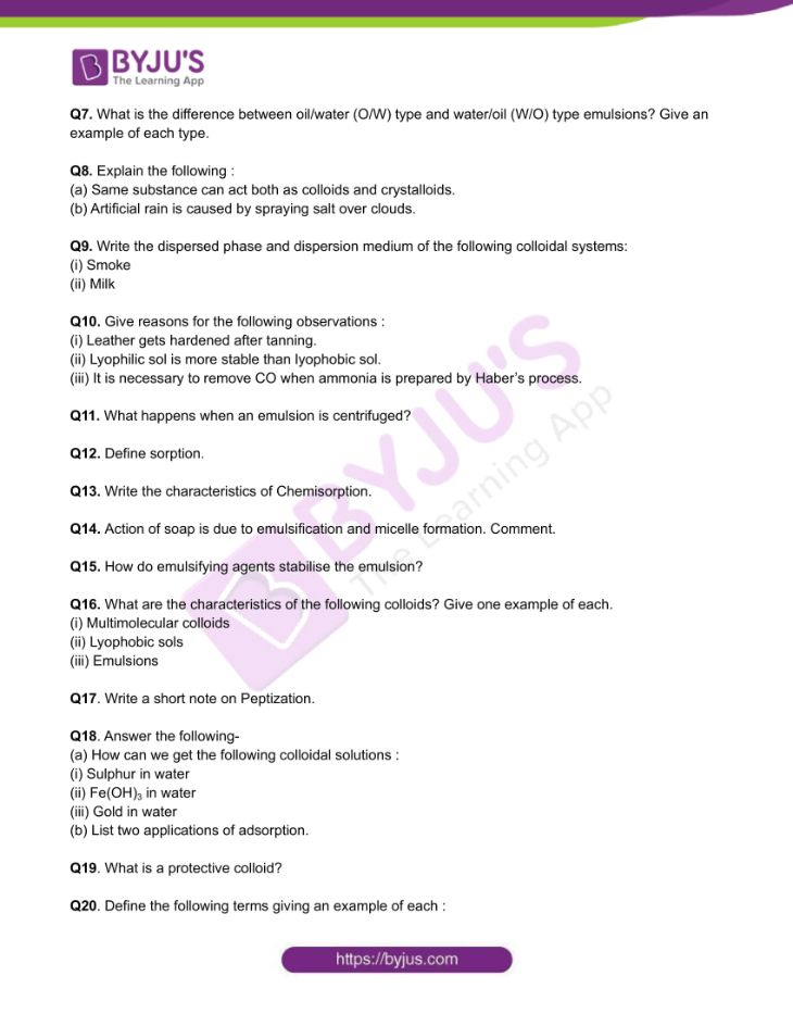 Chemistry Worksheets Class 12 on Chapter 5 Surface Chemistry with Answers - Set 5