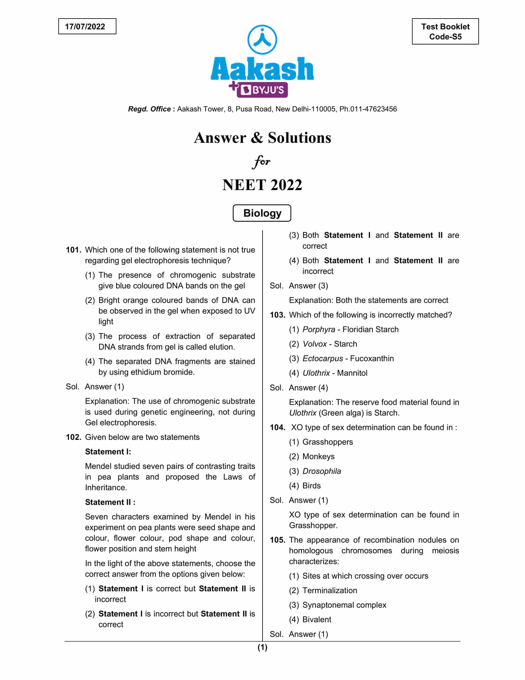 NEET 2022 Botany Question paper 17 July