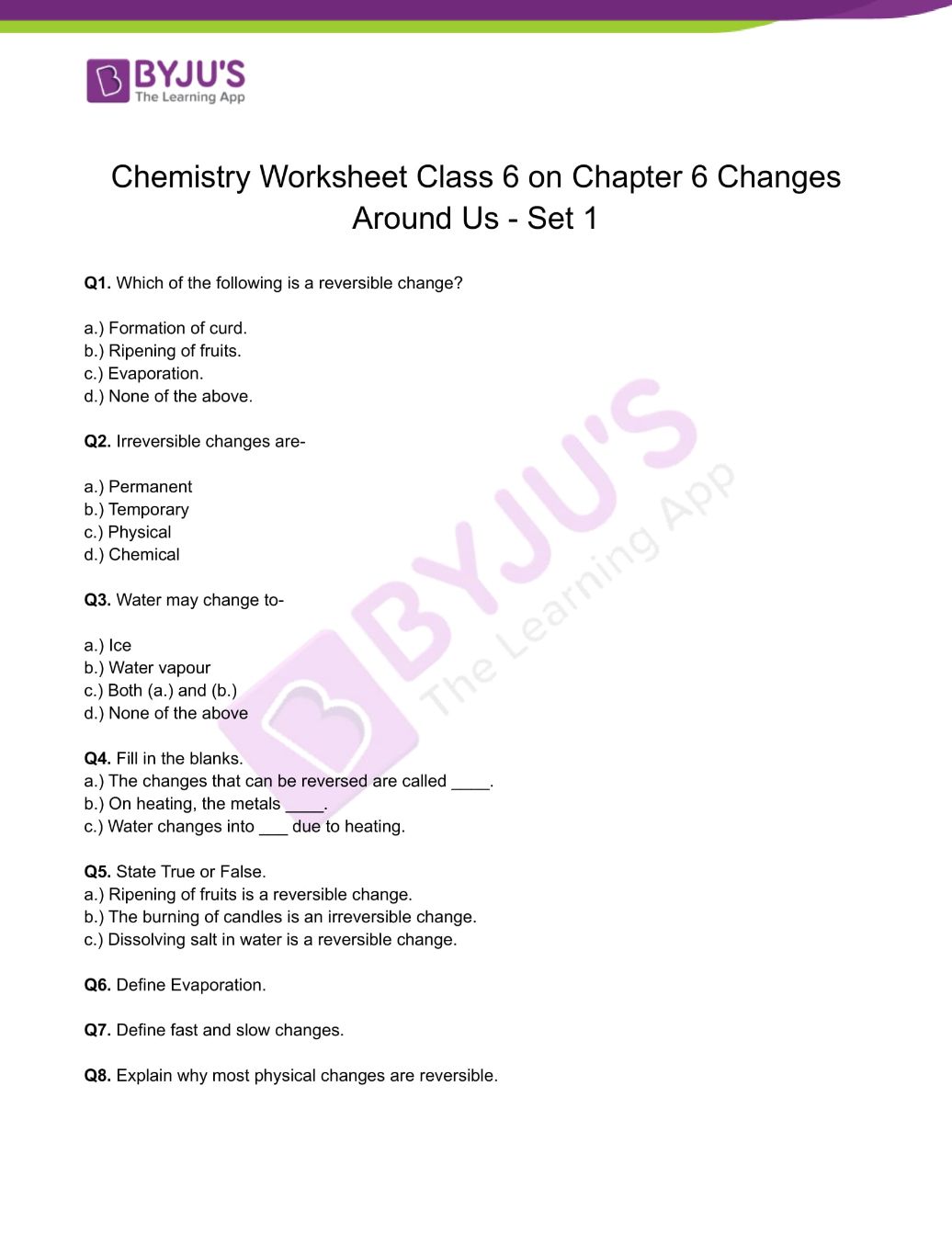 Class 6 Chemistry Worksheet On Chapter 6 Changes Around Us Worksheet Set 1