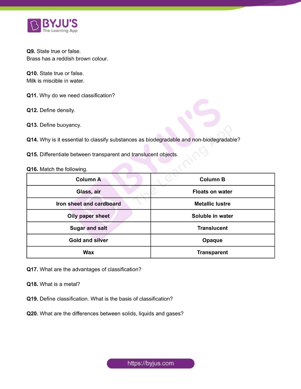 Class 6 Chemistry Worksheet On Chapter 4 Sorting Materials Into Groups 