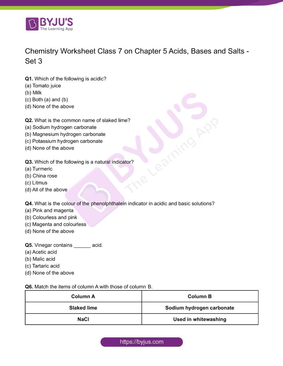Class 7 Chemistry Worksheet On Chapter 5 Acids Bases And Salts Set 3