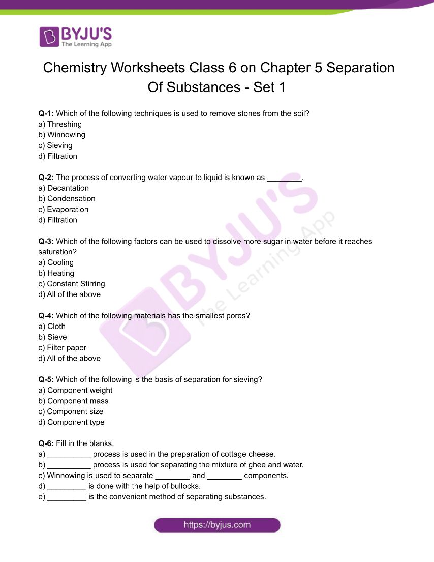 Class 6 Chemistry Worksheet On Chapter 5 Separation Of Substances Set 1
