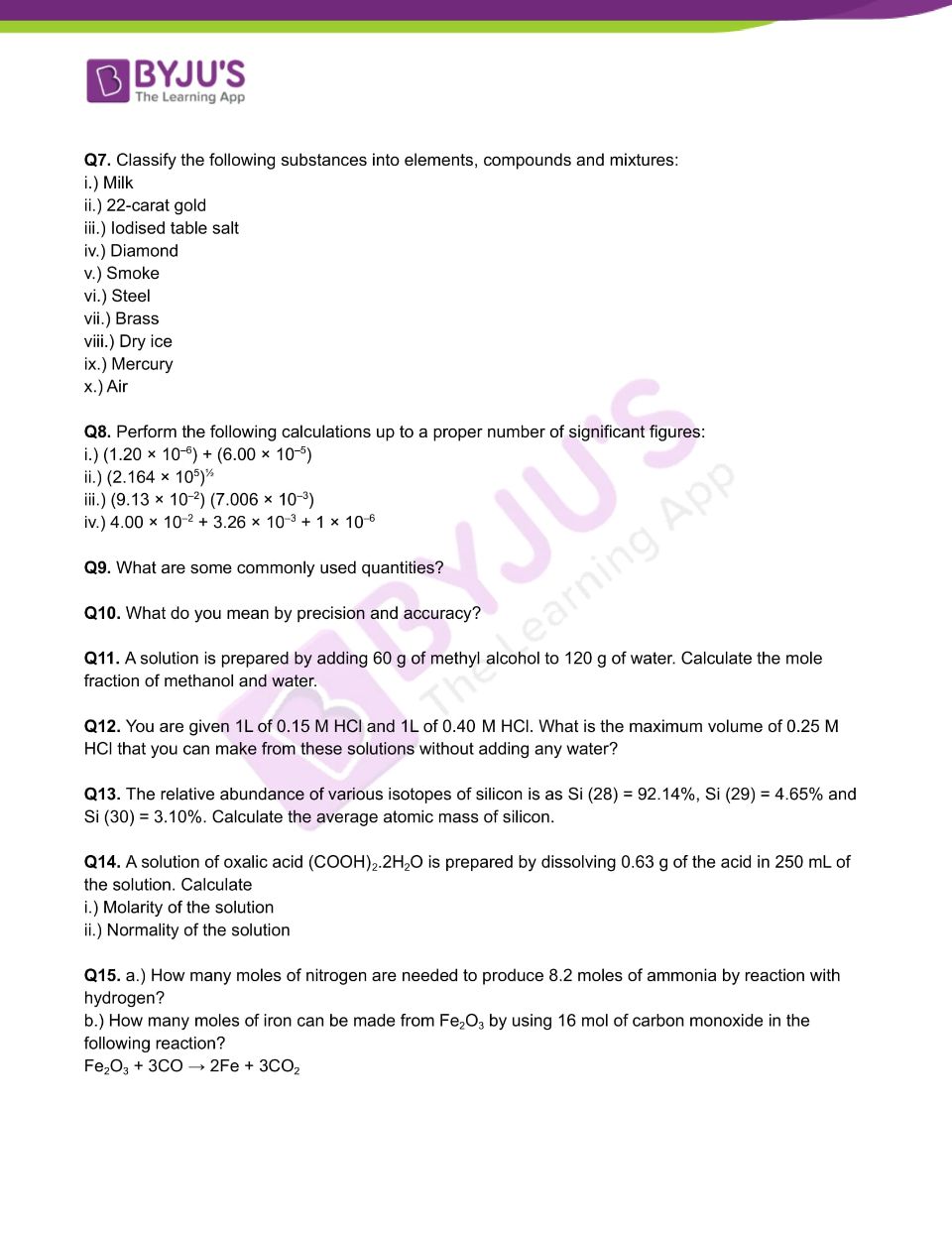 Class 11 Chemistry Worksheet On Chapter 1 Some Basic Concepts Of 