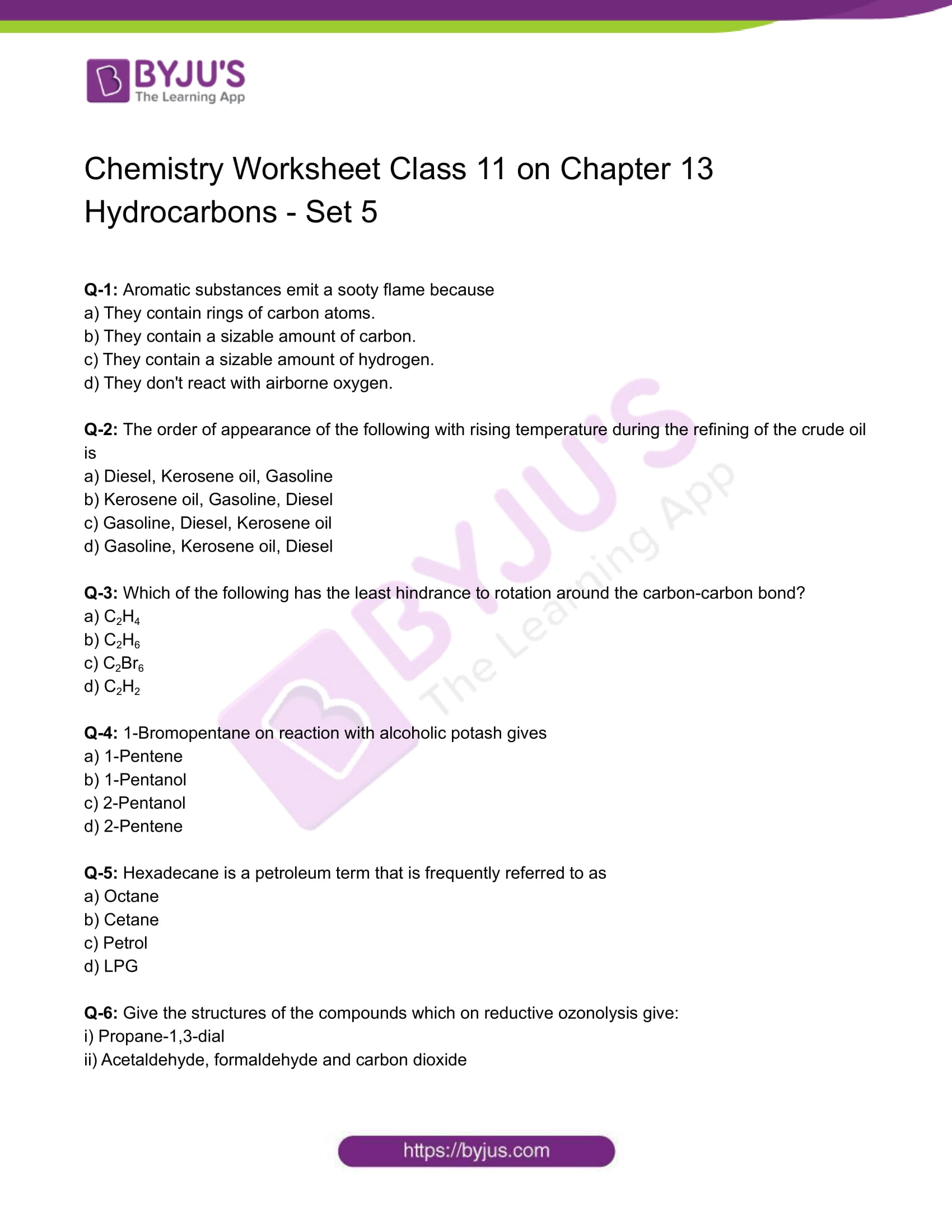Class 11 Chemistry Worksheet On Chapter 13 Hydrocarbons Set 5