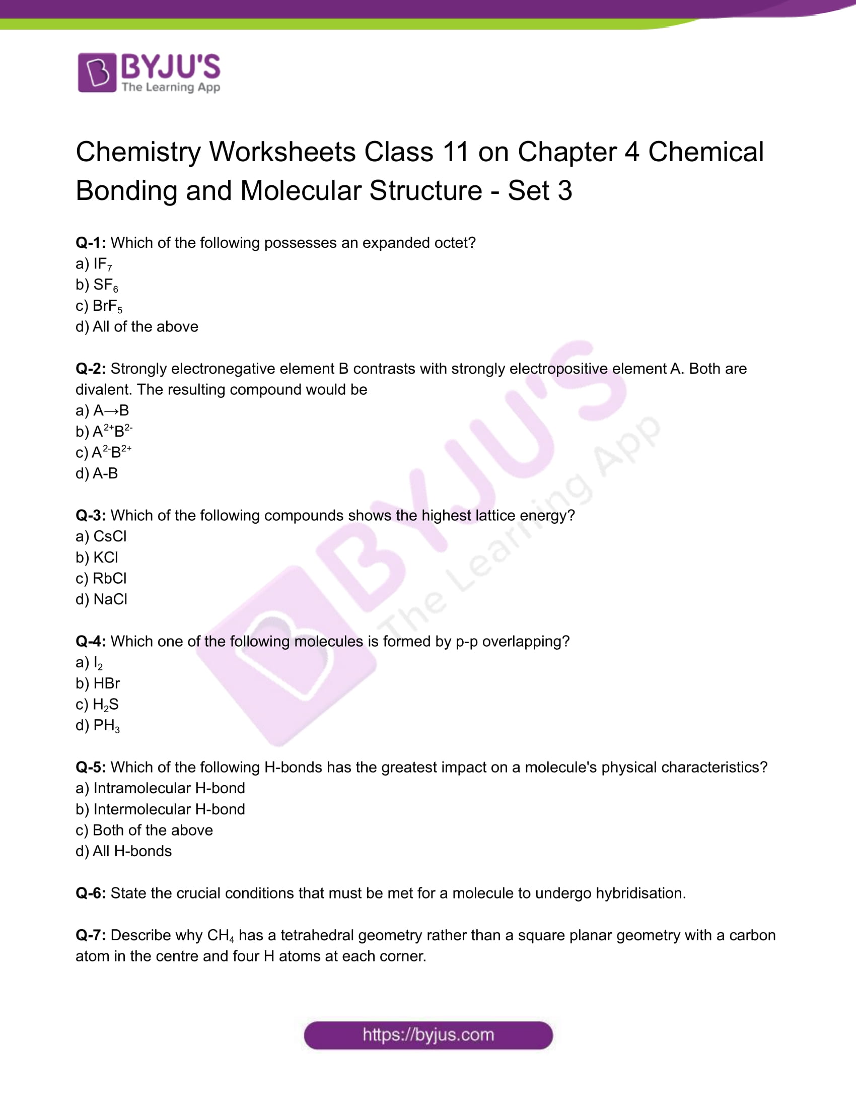 Class 11 Chemistry Worksheet On Chapter 4 Chemical Bonding And