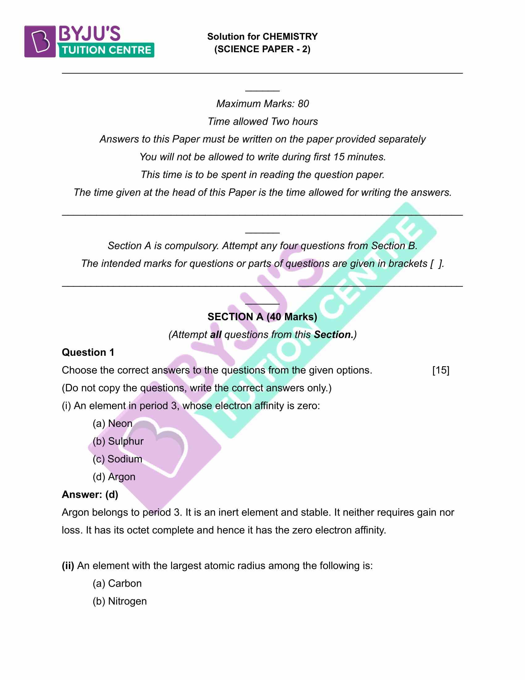 ICSE Class 10 Chemistry Question Paper Solution 2023 PDF Download