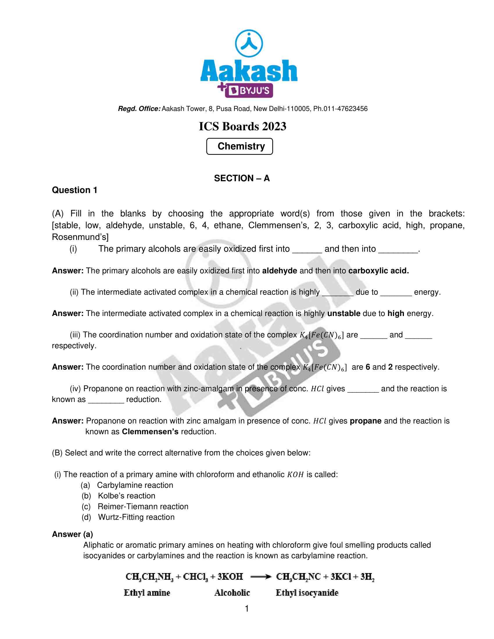 ISC Class 12 Chemistry Question Paper Solution 2023 - Download PDF