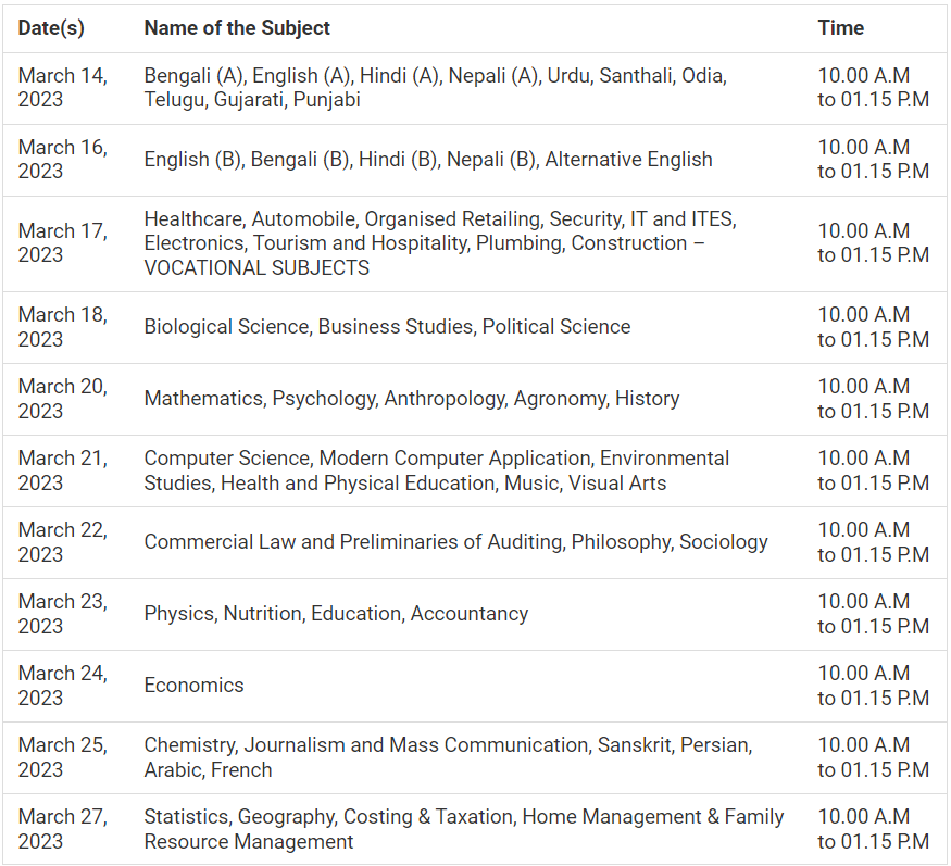 WBCHSE Class 12 2023 Exam Date-Sheet has been Officially Released