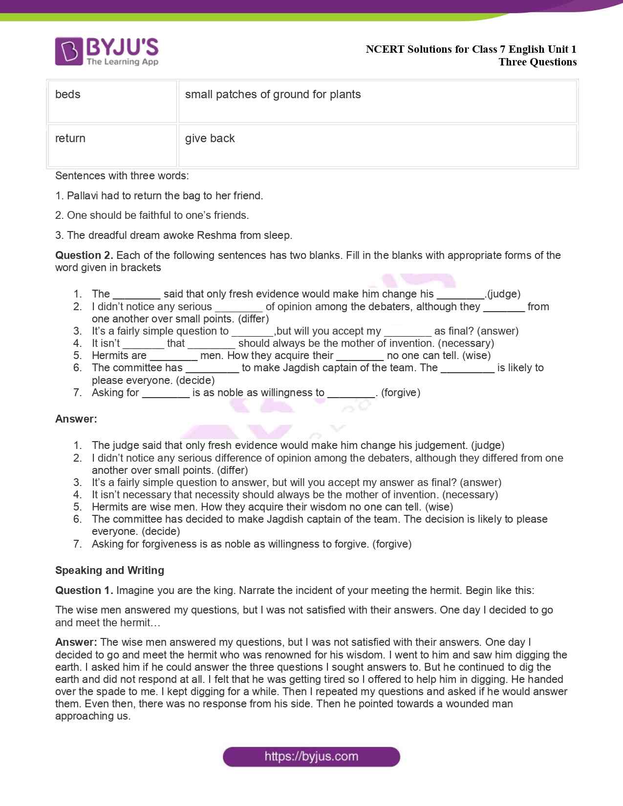 NCERT Solutions For Class 7 English Unit 1 Three Questions Download 