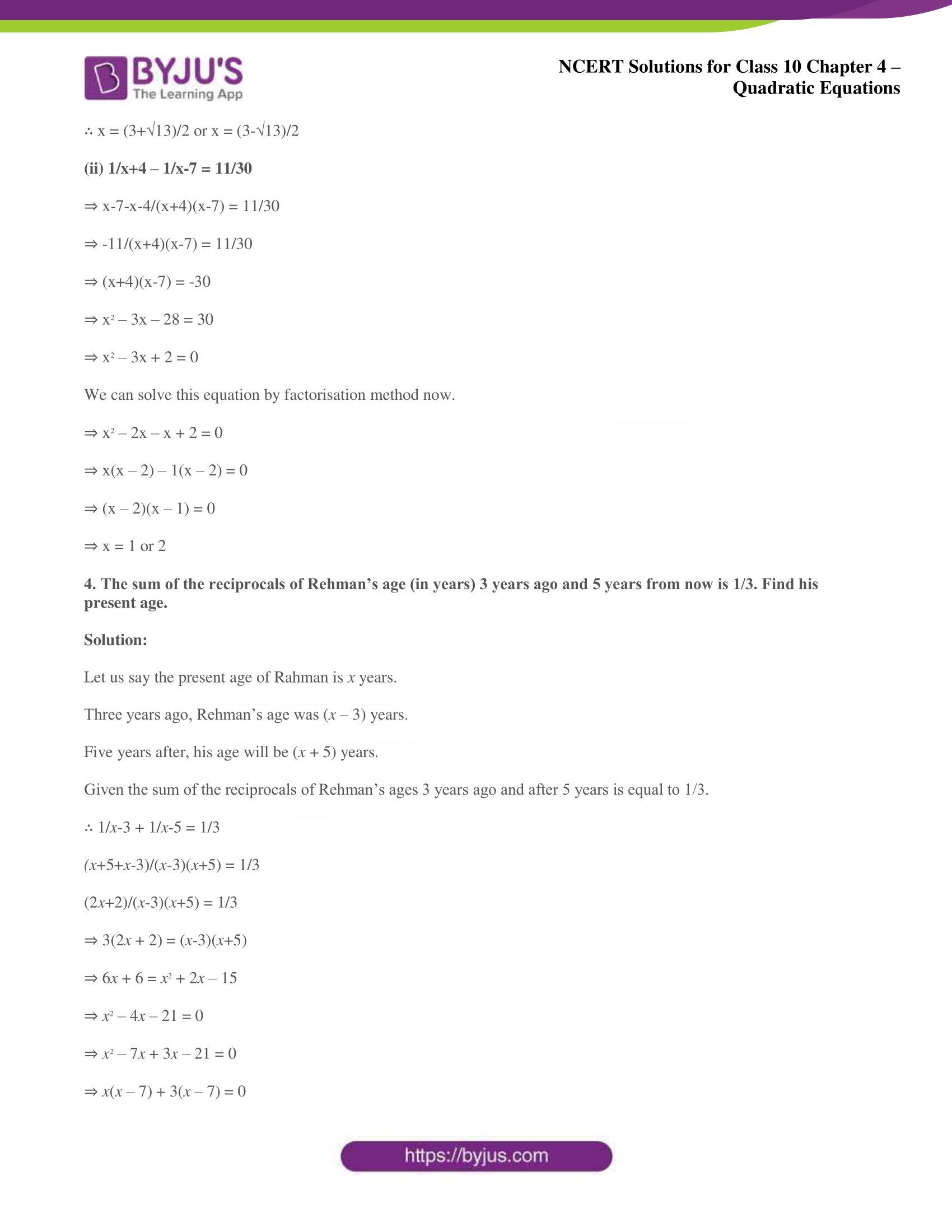 NCERT Solutions Class 10 Maths Chapter 4 Quadratic Equations