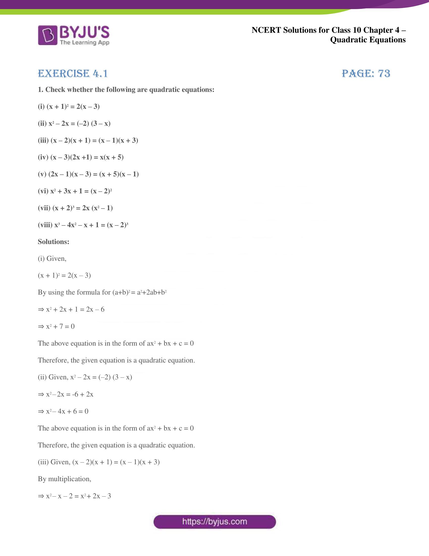 NCERT Solutions for Class 10 Maths Chapter 4 Quadratic Equations