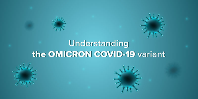 Image showing six coronavirus virus against a blue background with the text: "Understanding the Omicron Covid-19 variant"