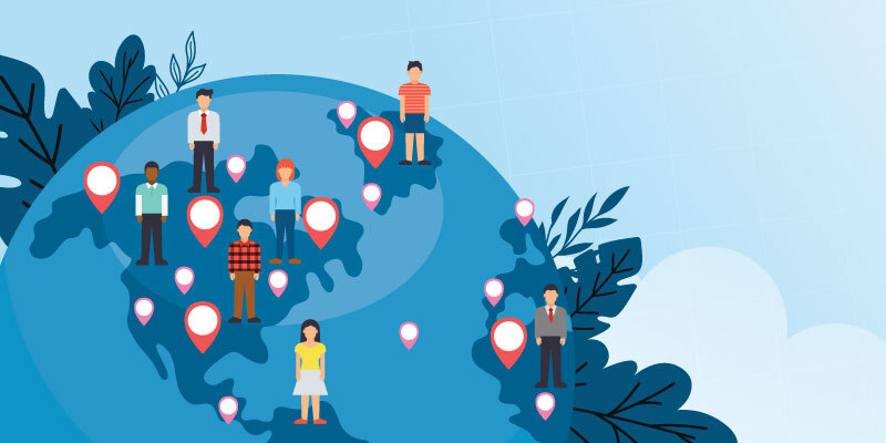 Illustrated image showing people around the world in blue